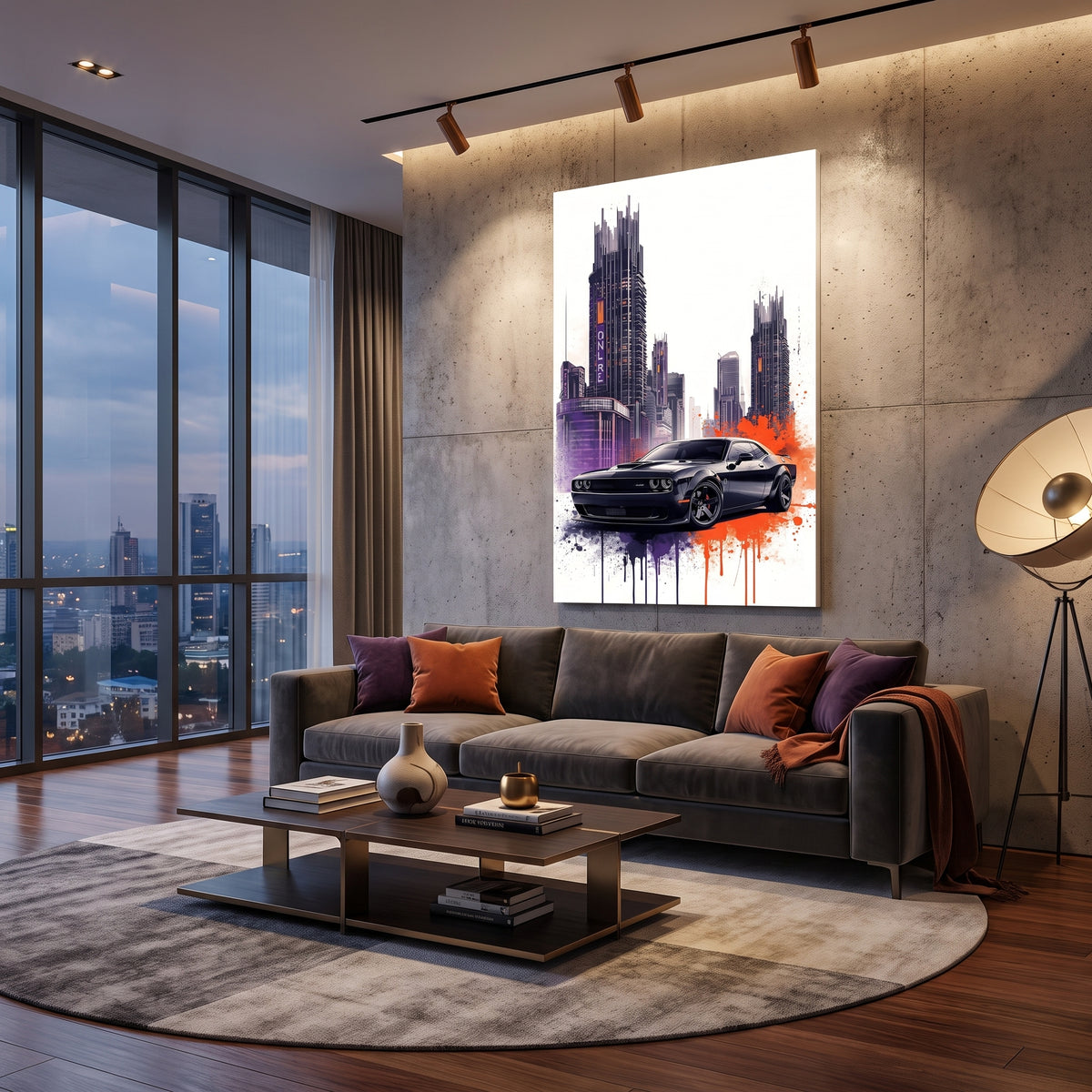 Cyberpunk Dodge Challenger Wall Art – Modern Urban Street Style Cityscape Canvas Print