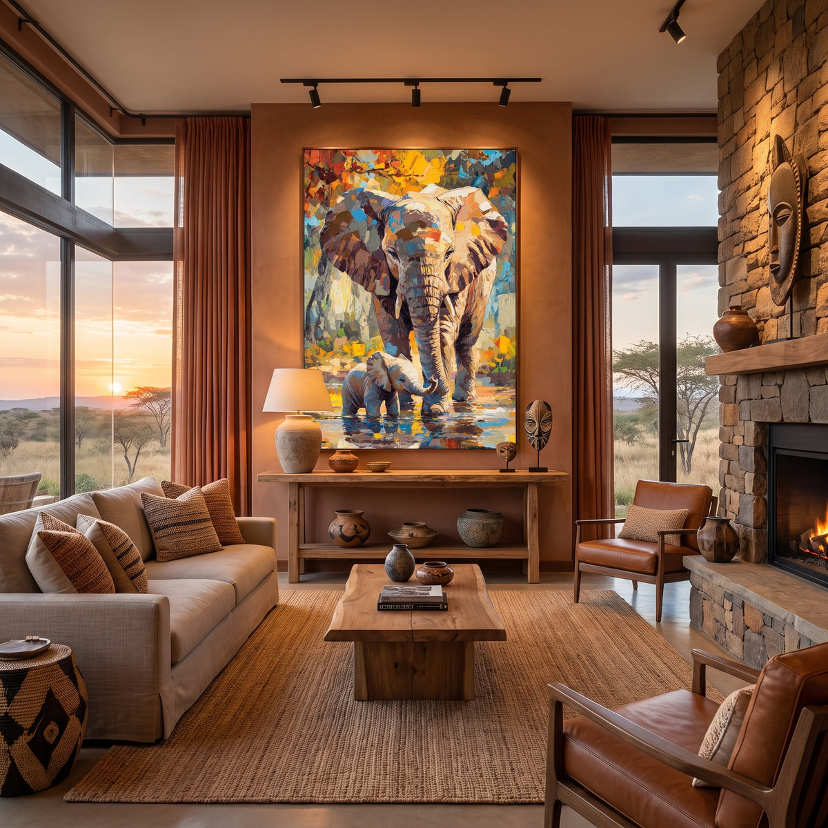 Majesty of the Savanna Wall Art – Textured Impasto Elephant Mother & Baby Canvas Print