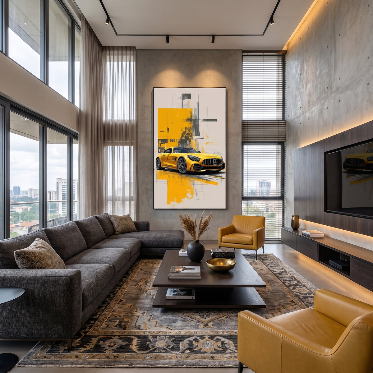 Mercedes-AMG GT Yellow Supercar Wall Art – Modern Industrial Geometric Abstract Canvas Print