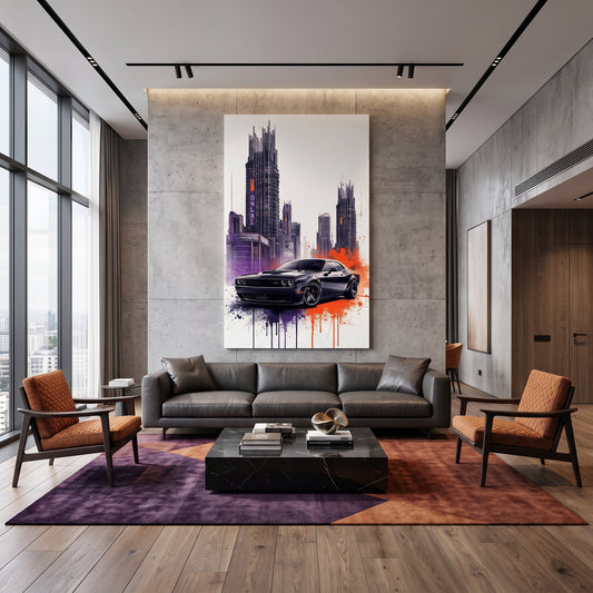 Cyberpunk Dodge Challenger Wall Art – Modern Urban Street Style Cityscape Canvas Print