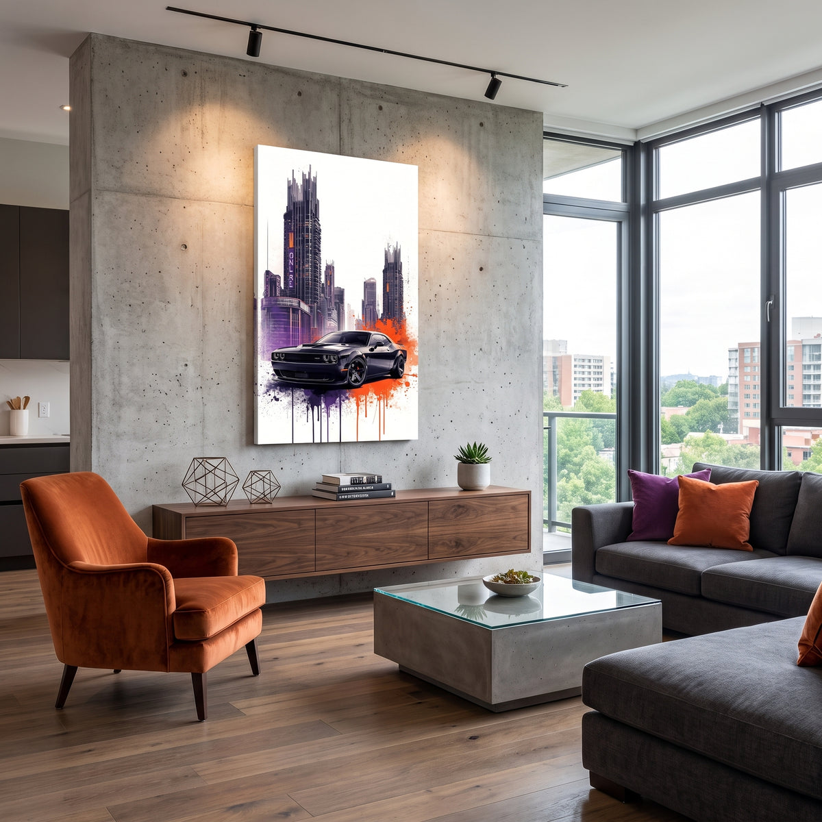 Cyberpunk Dodge Challenger Wall Art – Modern Urban Street Style Cityscape Canvas Print