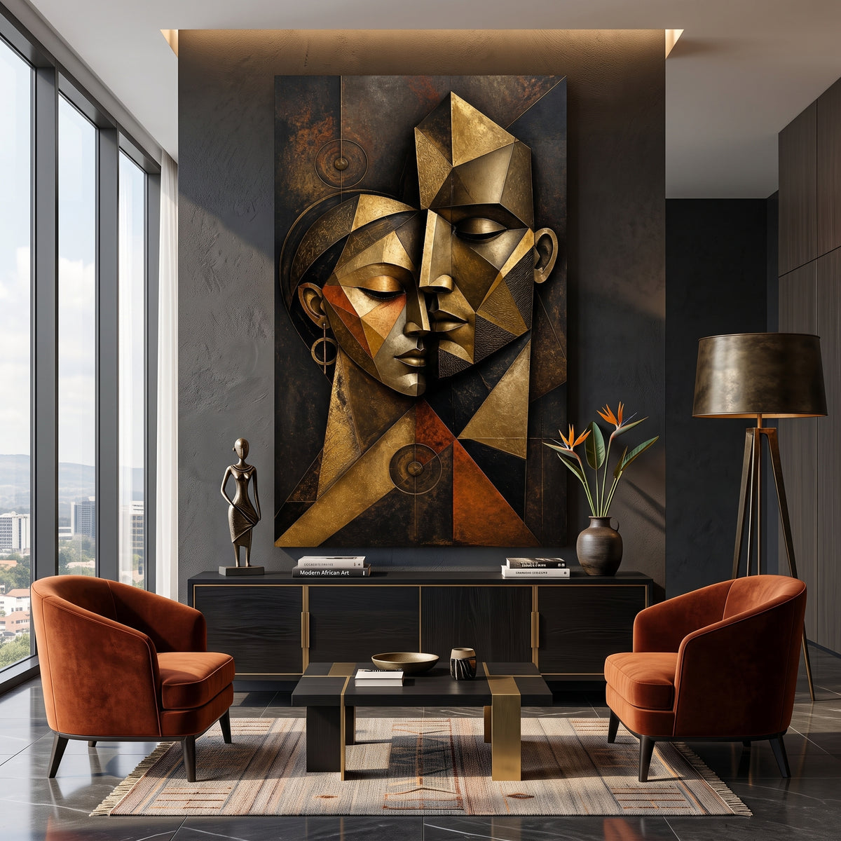 Golden Cubist Embrace Wall Art