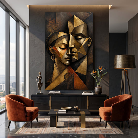 Golden Cubist Embrace Wall Art