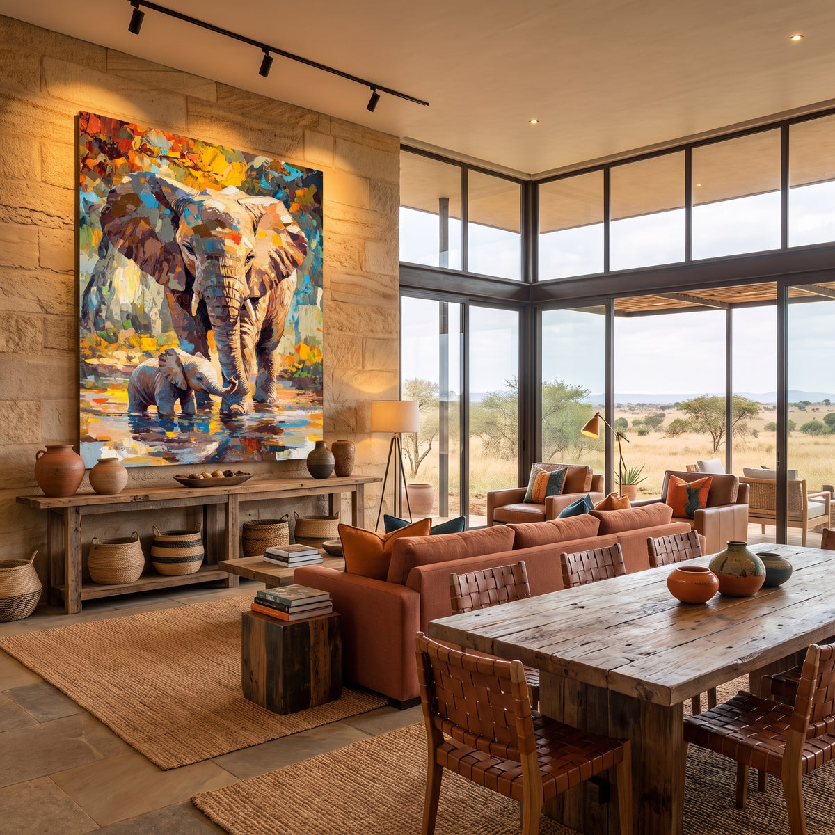 Majesty of the Savanna Wall Art – Textured Impasto Elephant Mother & Baby Canvas Print