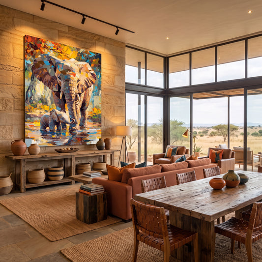 Majesty of the Savanna Wall Art – Textured Impasto Elephant Mother & Baby Canvas Print