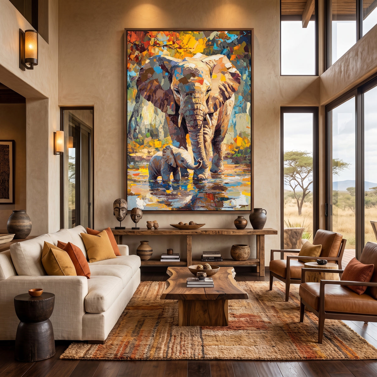 Majesty of the Savanna Wall Art – Textured Impasto Elephant Mother & Baby Canvas Print