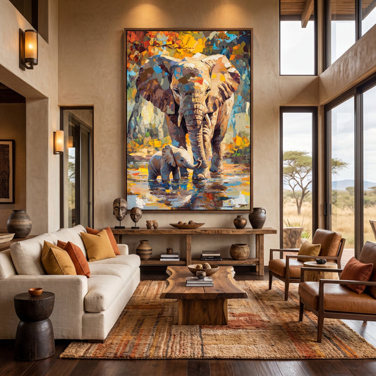 Majesty of the Savanna Wall Art – Textured Impasto Elephant Mother & Baby Canvas Print