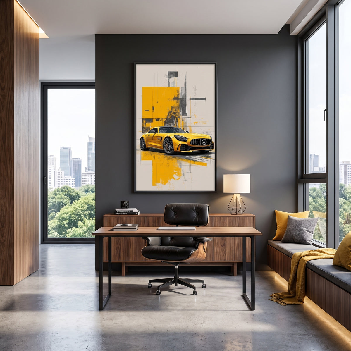 Mercedes-AMG GT Yellow Supercar Wall Art – Modern Industrial Geometric Abstract Canvas Print