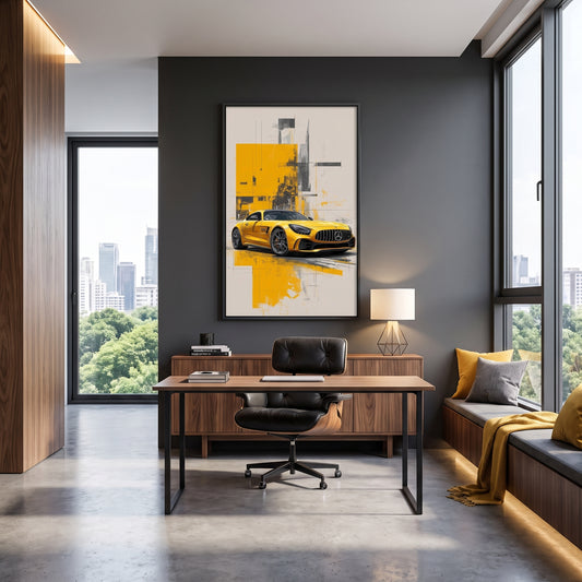 Mercedes-AMG GT Yellow Supercar Wall Art – Modern Industrial Geometric Abstract Canvas Print