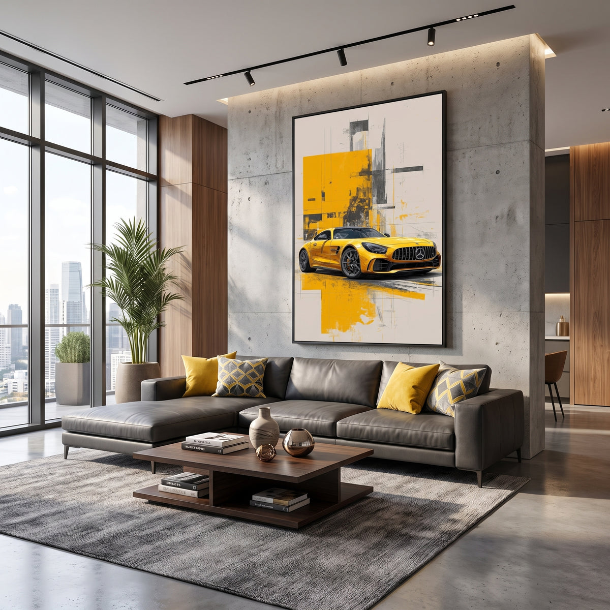 Mercedes-AMG GT Yellow Supercar Wall Art – Modern Industrial Geometric Abstract Canvas Print