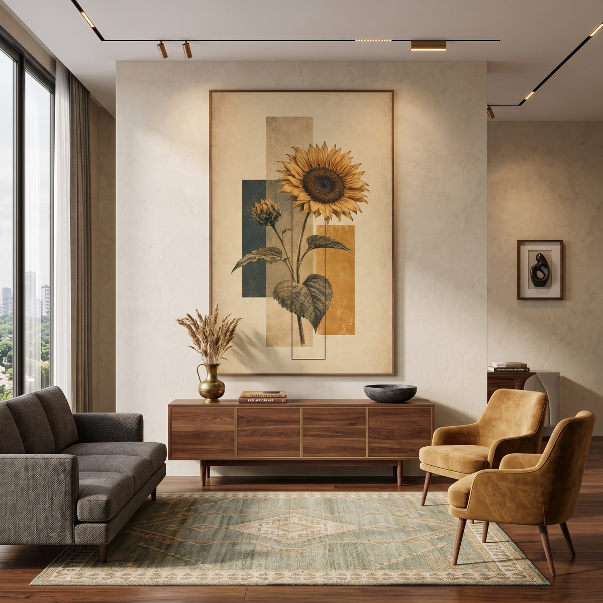 Retro Geometric Sunflower Wall Art -  50x90 cm