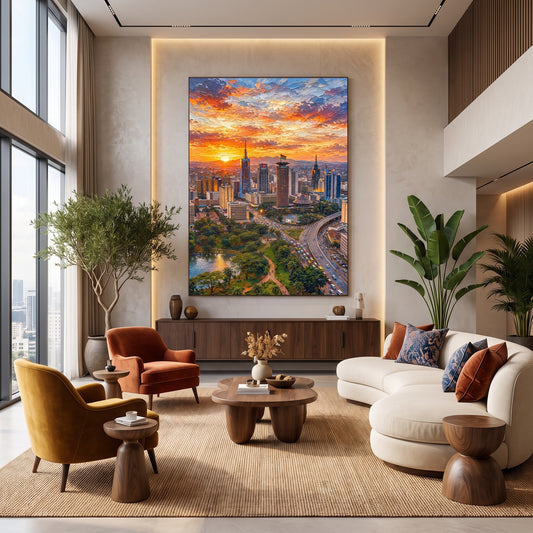 Vibrant Nairobi Skyline Wall Art – Textured Impasto Sunset Cityscape Canvas Print