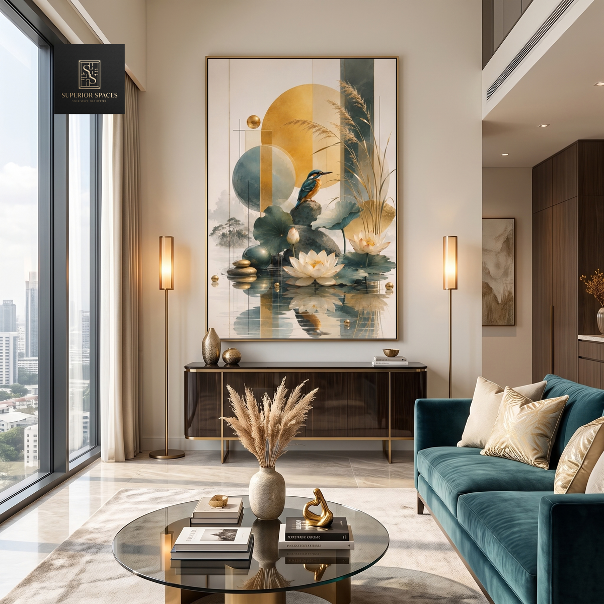 Zen Kingfisher Lotus Pond Wall Art - 80cm x120 cm